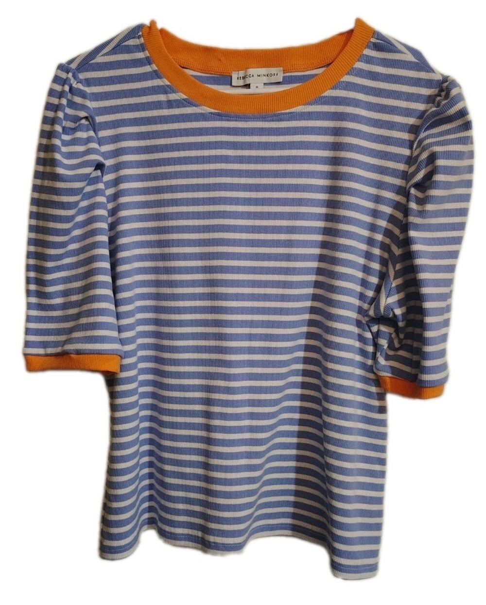 Rebecca Minkoff Shirt Size XL Woman's Orange Blue White Stripes Ribbed Top Cute